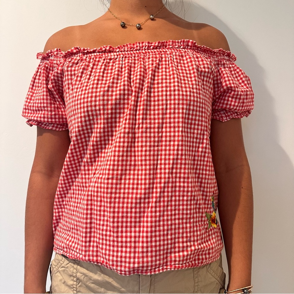Red Gingham Off-Shoulder Top